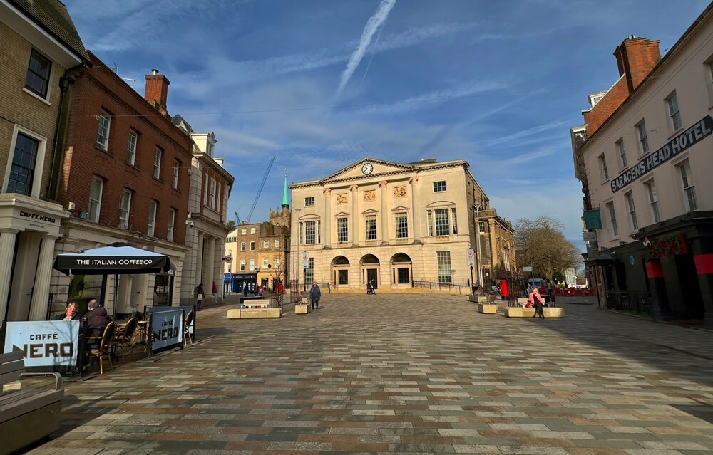 View down a street in Chelmsford at the Historic Shire Hall