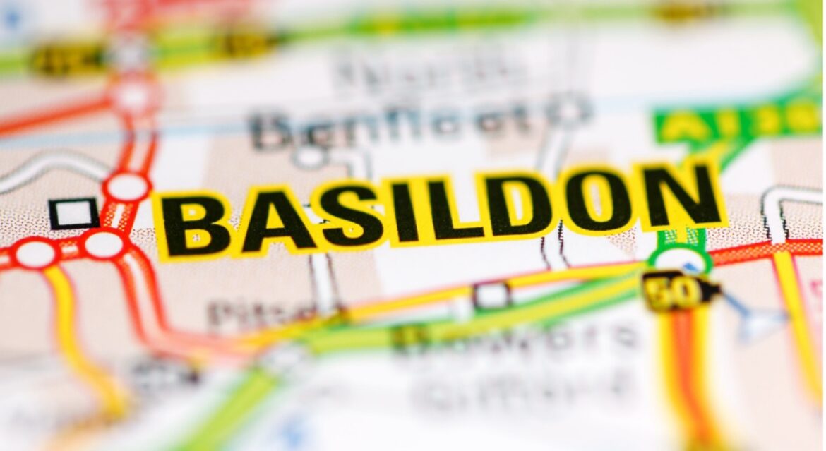 Close-up of Basildon highlighted on UK road map
