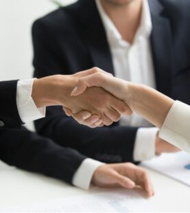 Business professionals shaking hands during a meeting to seal a partnership agreement