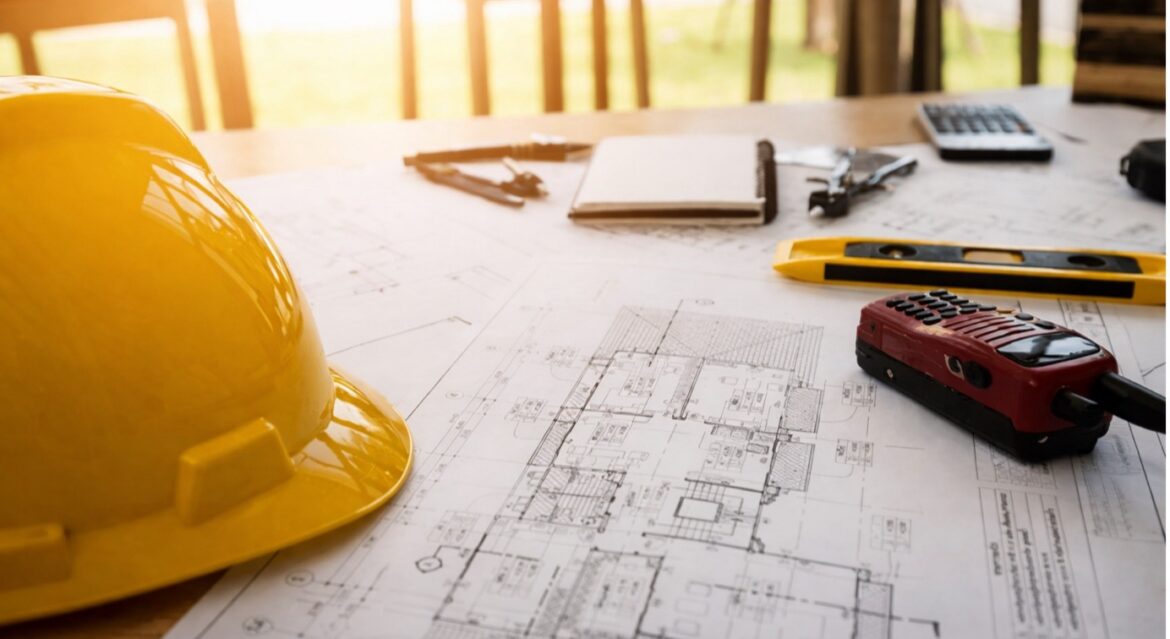 Construction plans with hard hat and tools