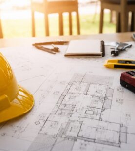 Construction plans with hard hat and tools